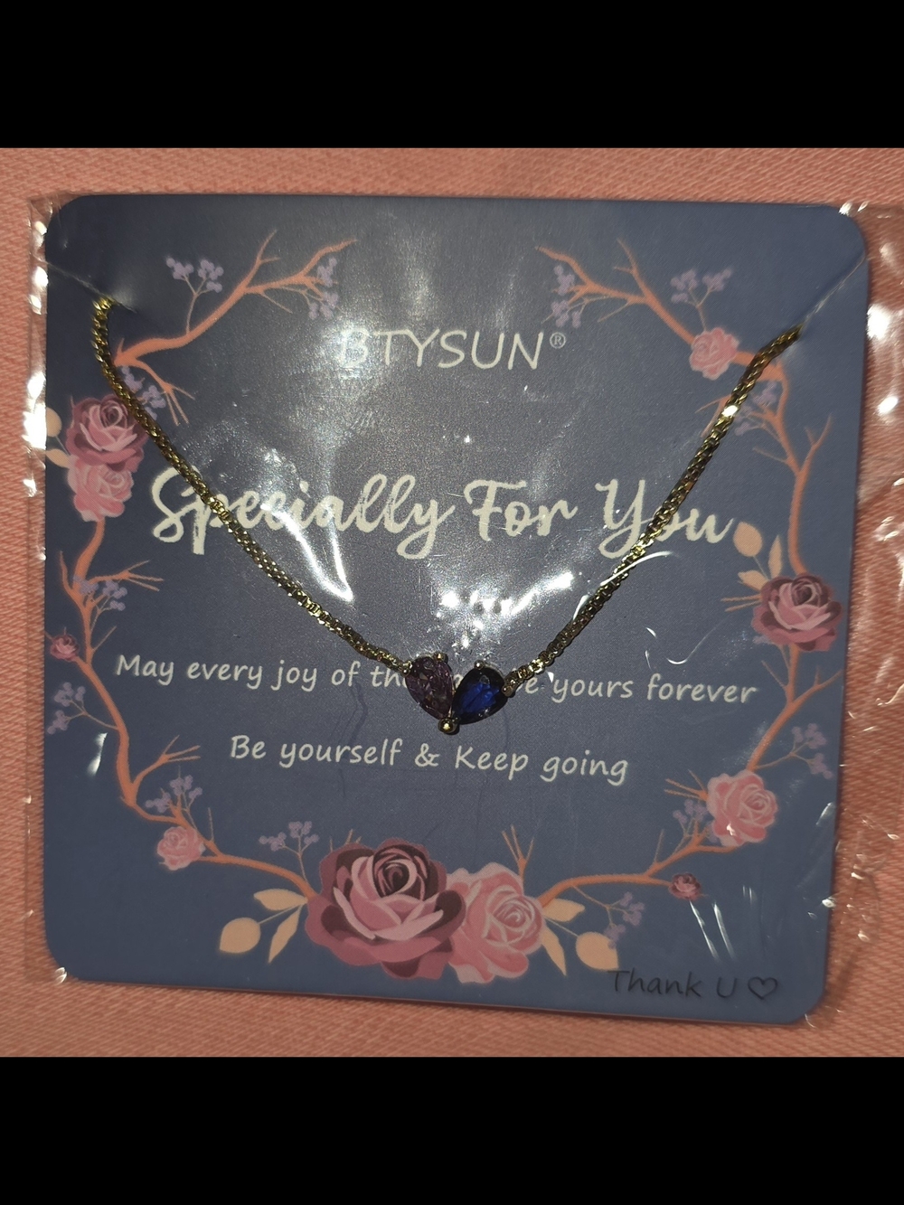 Blue And Purple Stone Heart Pendant Gold Toned Necklace